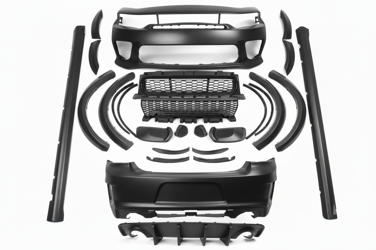Dodge Charger wide body Kit Complete 2015-2023 Complete Widebody Kit for 2015-2023 Dodge Charger | Hellcat SRT Redeye Style | Primed | Front & Rear Bumpers + Fender Flares + Side Skirts + Diffuser | Aftermarket | Primed