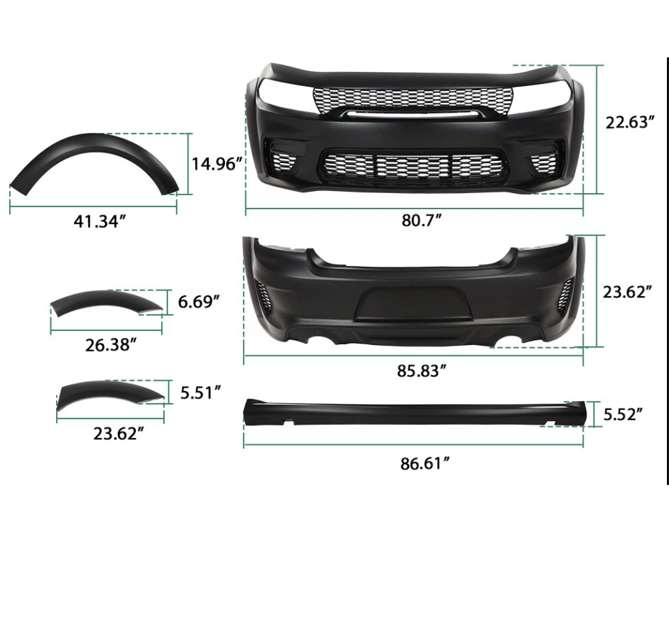 Dodge Charger wide body Kit Complete 2015-2023 Complete Widebody Kit for 2015-2023 Dodge Charger | Hellcat SRT Redeye Style | Primed | Front & Rear Bumpers + Fender Flares + Side Skirts + Diffuser | Aftermarket | Primed