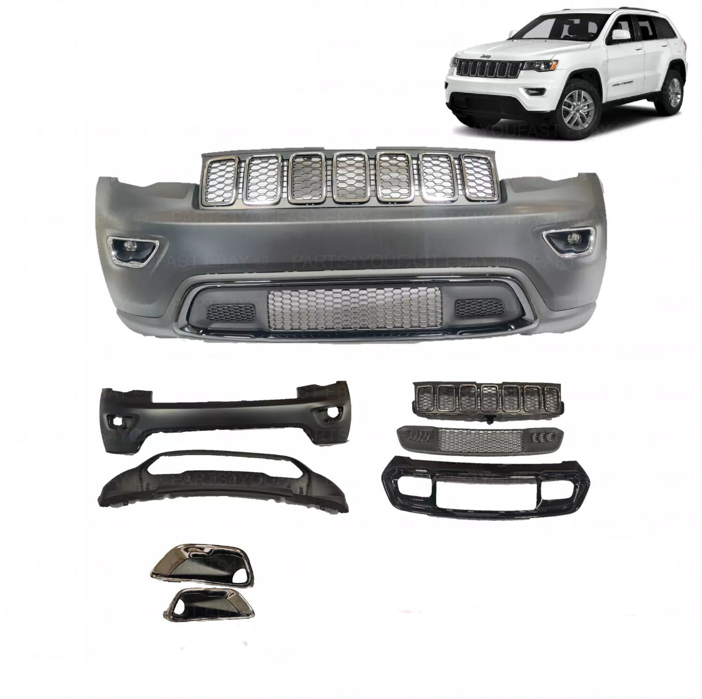 Front Bumper Cover for 2017-2021 Jeep Grand Cherokee | Primed | Ready to Paint | Aftermarket Replacement | Fits Laredo, Limited, Overland, Trailhawk, SRT, Trackhawk
